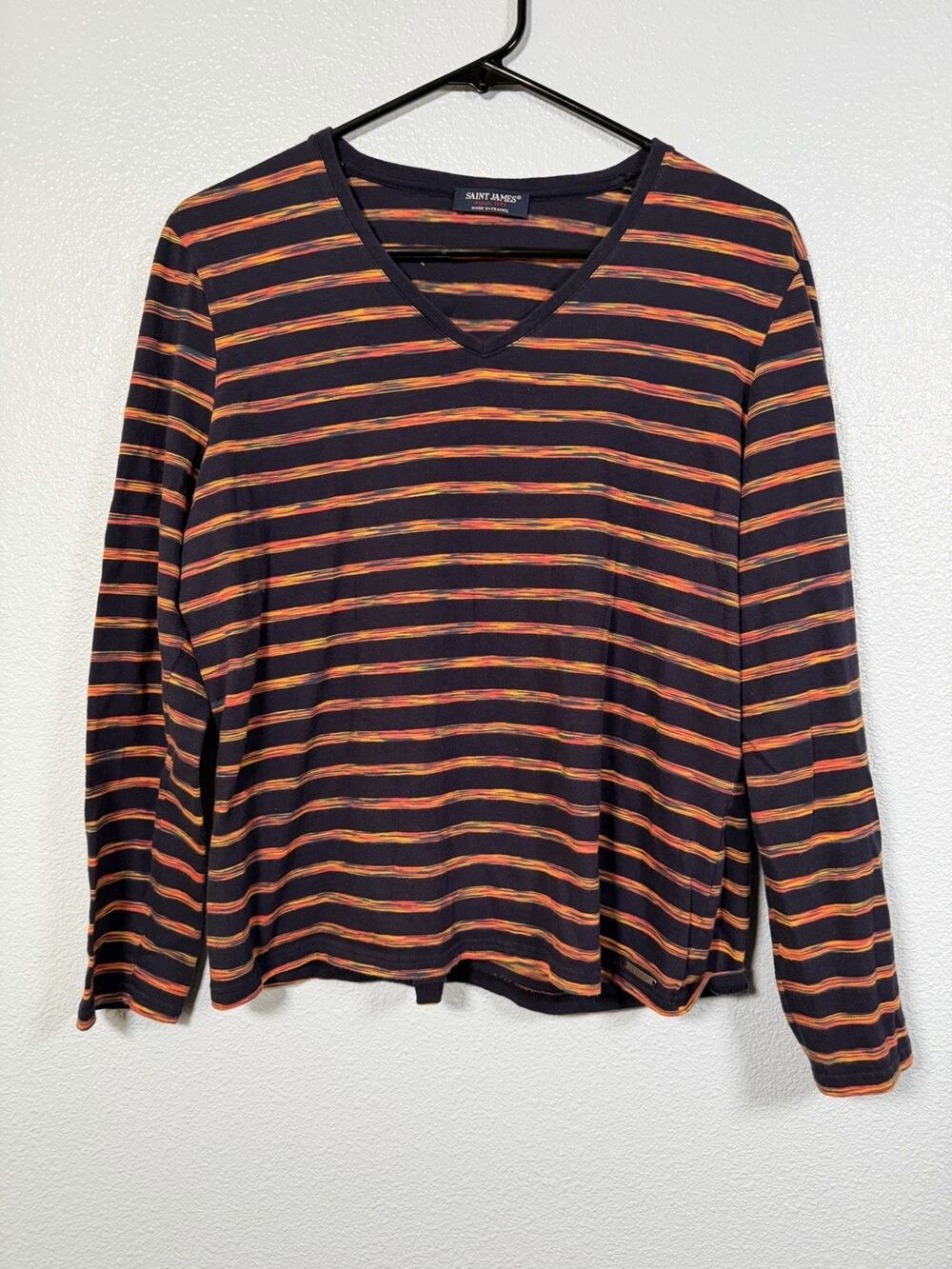 Saint James France Striped Long Sleeve Shirt Navy Orange V-Neck Breton Top Fall